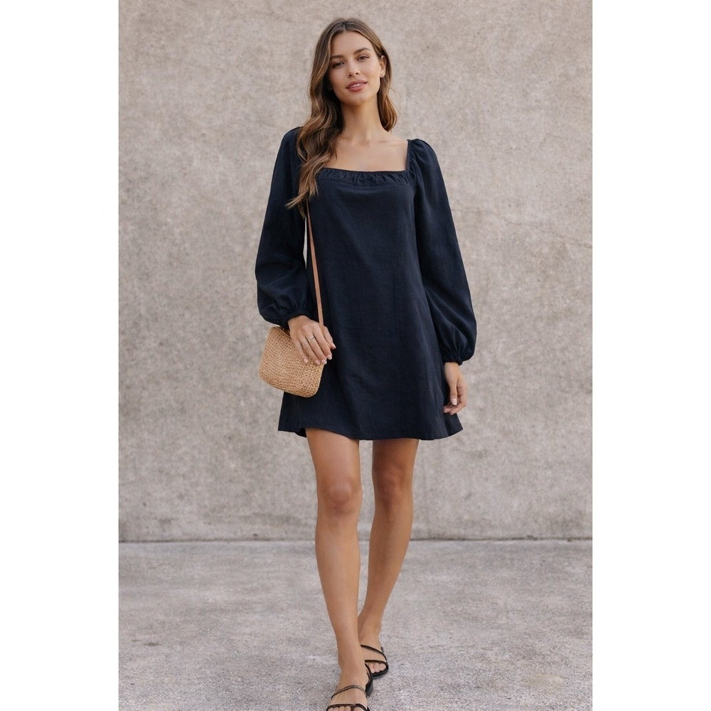 Free People navy‎ Blue Cotton Linen Mini Dress Puff Sleeve Square Neck S